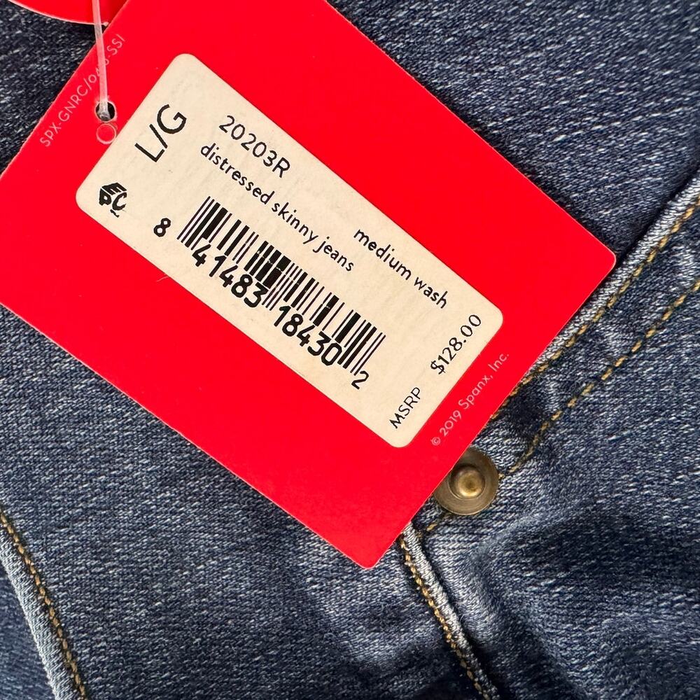 SPANX NEW NWT Large Blue Denim Medium Wash Distressed Skinny Jeans Raw Hem - Picture 4 of 16
